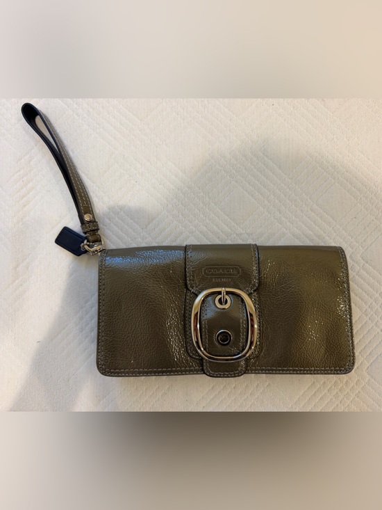 Coach Handbags - Coach Olive Patent Leather Wristlet with Silver Buckle